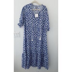 Noracora Dress XL White Blue Ties Keyhole Maxi Coastal Nautical Vacation Travel